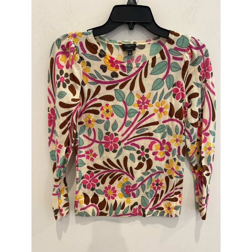 Talbots Petite Merino Wool Floral Puffed Shoulder Sweater Cream Pink XS Petite